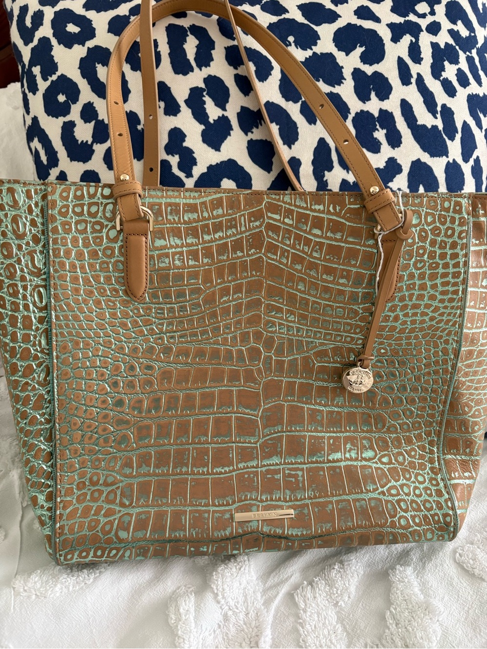 Brahmin Metallic Teal & Tan Leather Shopper